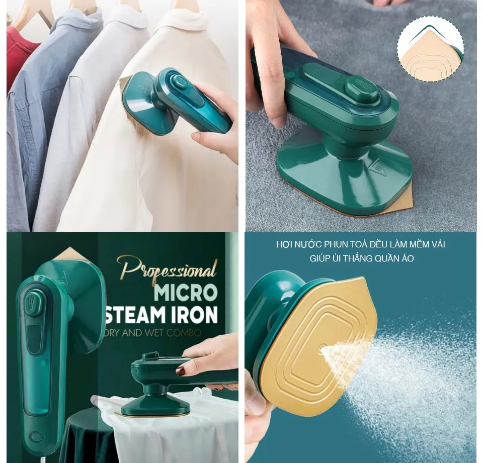 Bàn Là Ủi Hơi Nước Cầm Tay Mini Màu Xanh Rêu Phiên Bản Mới Công Suất