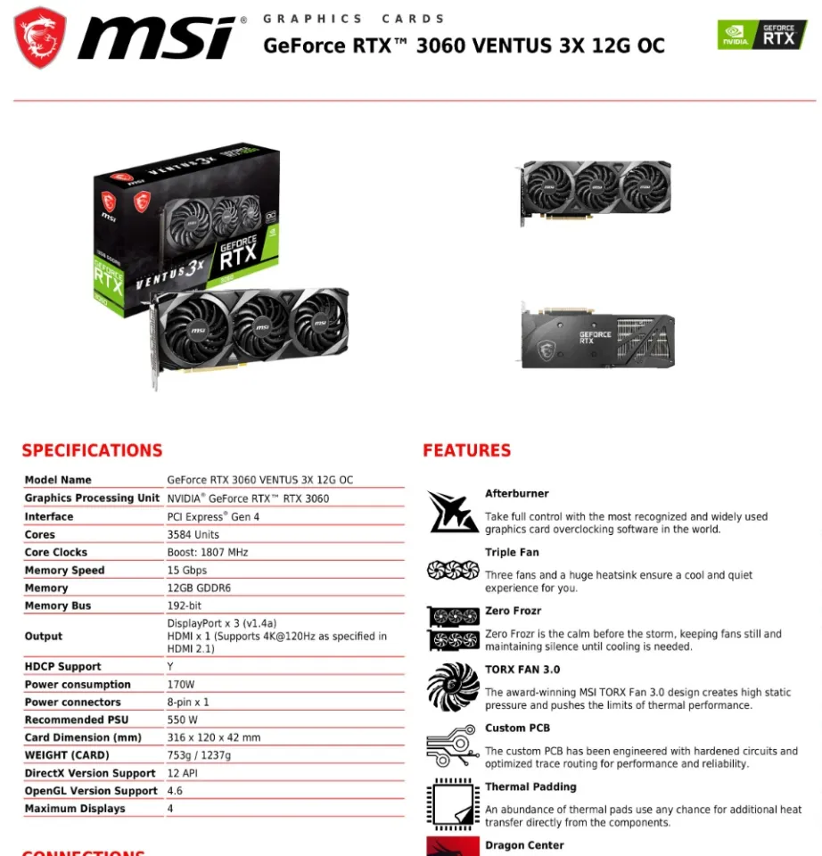 Msi Geforce RTX™ 3060 VENTUS 3X 12G OC Edition 12GB GDDR6 192-bit