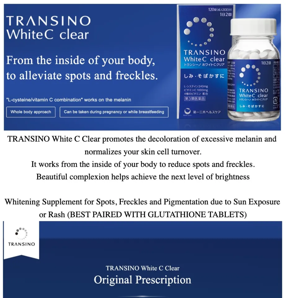 transino glutathione Transino White C Clear 120 Tablets L-cysteine Vitamin C Anti Dark Spot  Freckles Melasma Whitening Antioxidant Brightening Glutathione Supplement  Capsules