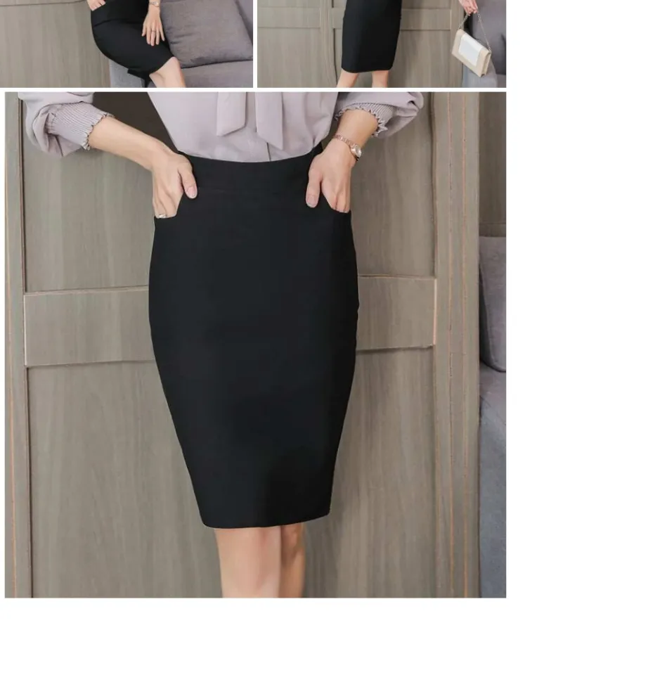 Women Stretchable Front Pocket Fitted Pencil Black Office