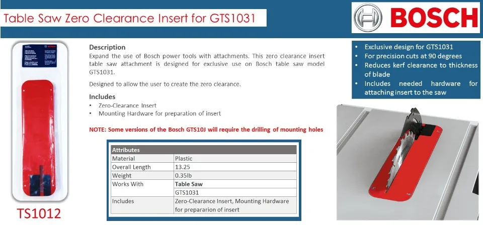 Bosch Table Saw Zero Clearance Insert for GTS1031 / GTS10J