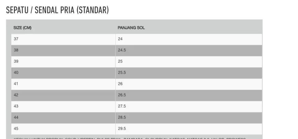 Size chart 2025 eiger sandal