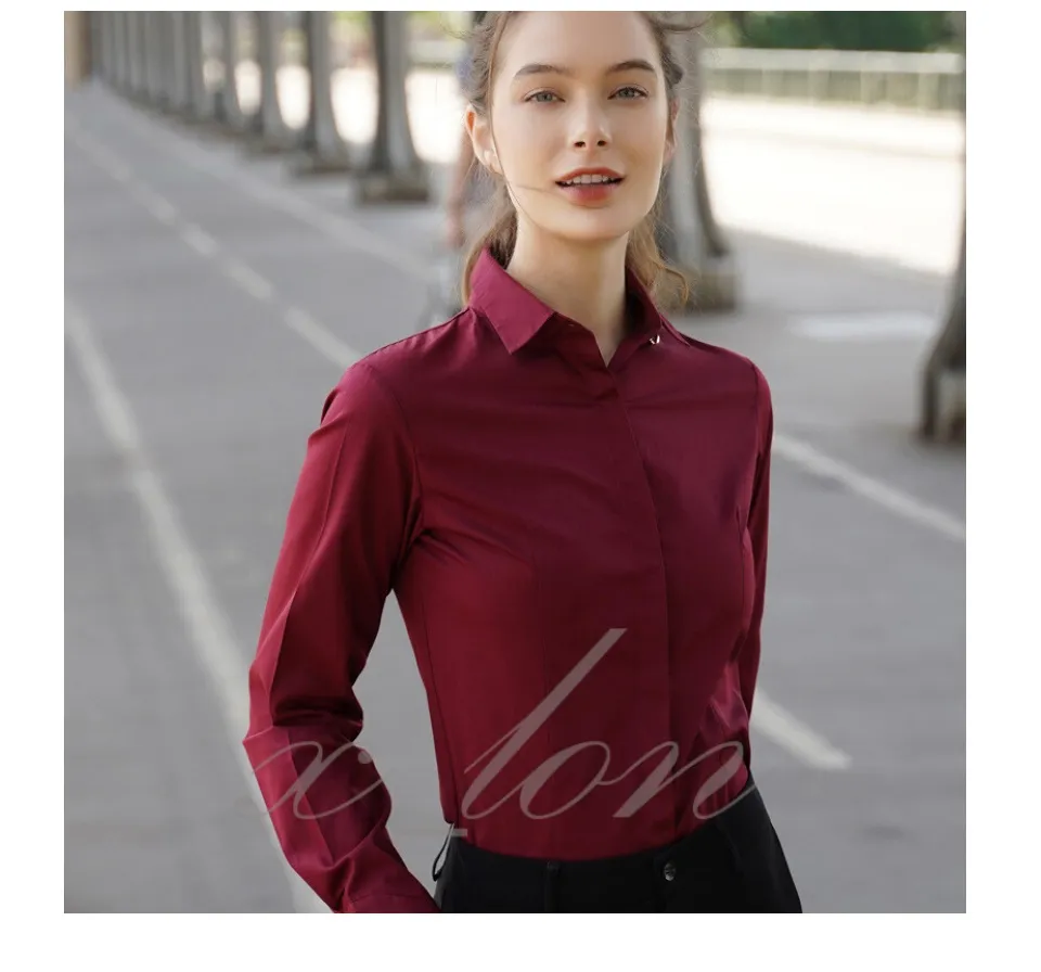 XLON-Premium Quality Long Sleeve Maroon Formal Office Shirt Women Collar  Shirt Kemeja Merah Manggis