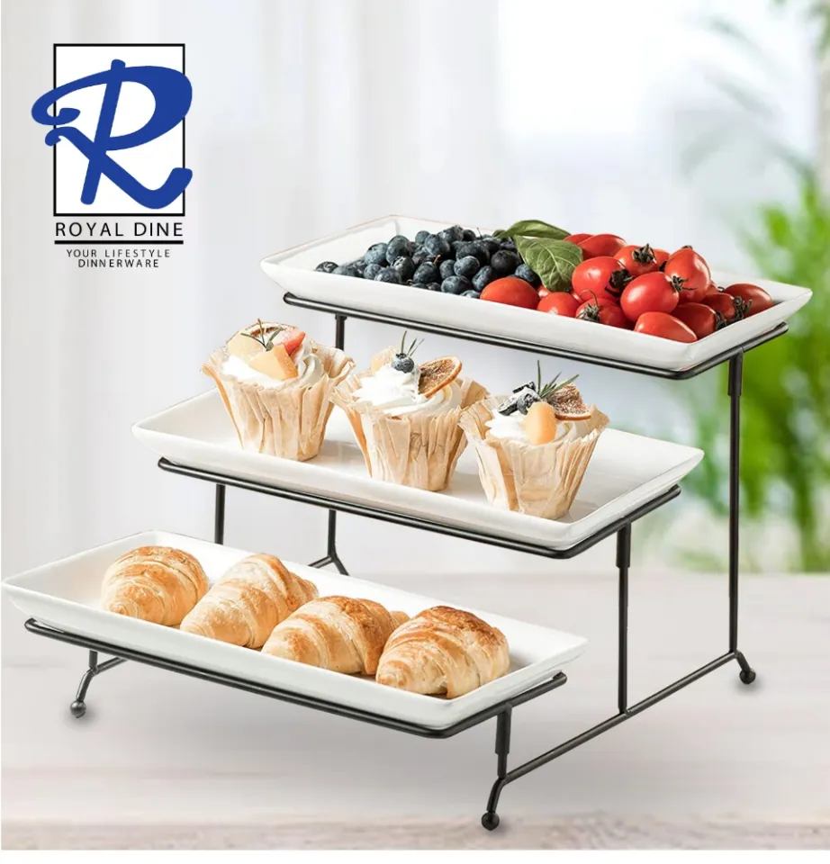 Royal Dine 3 Tier Rectangular Serving Plate Set with Metal Rack Buffet Server Dessert Stand CROY346 Lazada PH