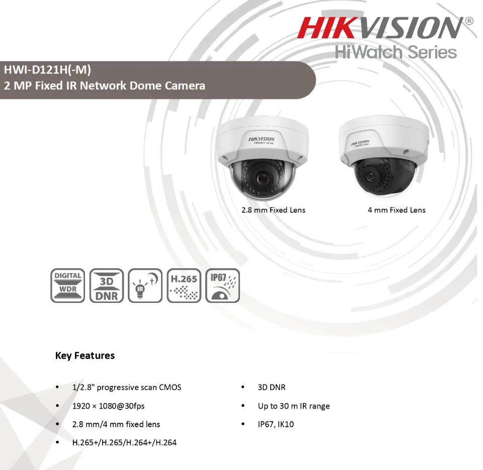 Caméra Dôme IP Intérieur Hikvision HWI-D121H-C - 2 MP, Vision Nocturne 30m, Objectif 2.8mm - Compatible PoE, Capteur De Mouvement