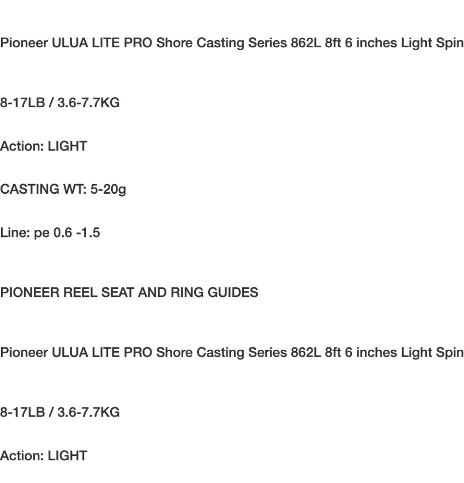Pioneer Medium Light action ULUA LITE PRO Shore Casting Series 862ML 8ft 6  inches Spinning Fishing Rod