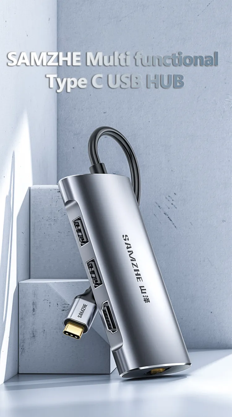 Samzhe 5-in-1 USB-C Hub HDMI PD LAN 1 <div>5-Ports Expansion</div> <div data-spm-anchor-id="a2o42.pdp_revamp.product_detail.i0.622c2165xz5SiF">SAMZHE USB C HUB adds 2 x USB 2.0 ports, a 4K HDMI port , a 100W Power Delivery Charger port a ethernet port to your laptops/smartphones through a USB C, upgrade your laptop/ tablet/ smartphone.</div> <div></div> <div>4K High Definition HDMI Video Ouput</div> <div>The USB C/ Thunderbolt 3 to HDMI adapter supports high resolution up to 4k@30Hz or 1080P@60Hz, making you or your family enjoy a better visual feast on larger smart TV or home theater.</div> <div>For 4K resolution, HDMI Cable length should shorter than 5M. Note: Pls do not plug and unplug the HDMI port when the hub is power on.</div> <div></div> <div>100W USB C Power Delivery Fast Charger</div> <div>The USB C hub is equipped with a USB C port that supports full speed charging to laptops like Macbook Pro. It supports 20V/5A, 15V/3A, 9V/3A, 5V/3A.</div> <div data-spm-anchor-id="a2o42.pdp_revamp.product_detail.i2.622c2165xz5SiF">USB C Female PD charging port support charging laptops only, not for data.</div>
