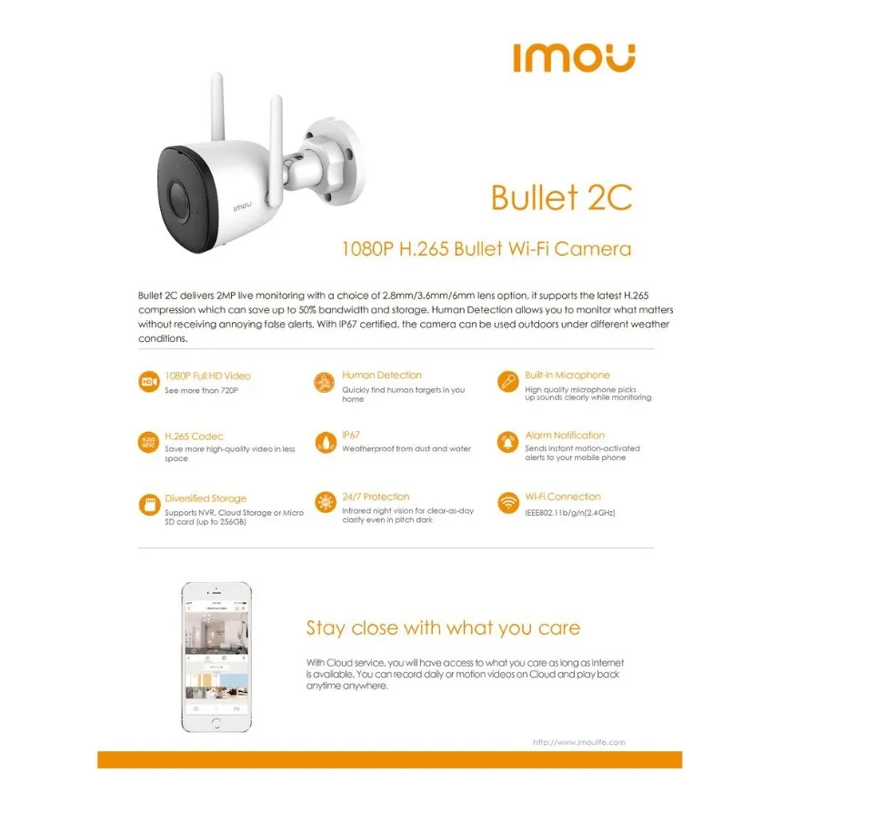 IMOU รุ่น Bullet 2C กล้องวงจรปิด ภายนอก WIFI hotspot ในตัว มีให้เลือก 2MP/4MP บันทึกเสียงได้ มี Sofe AP Mode