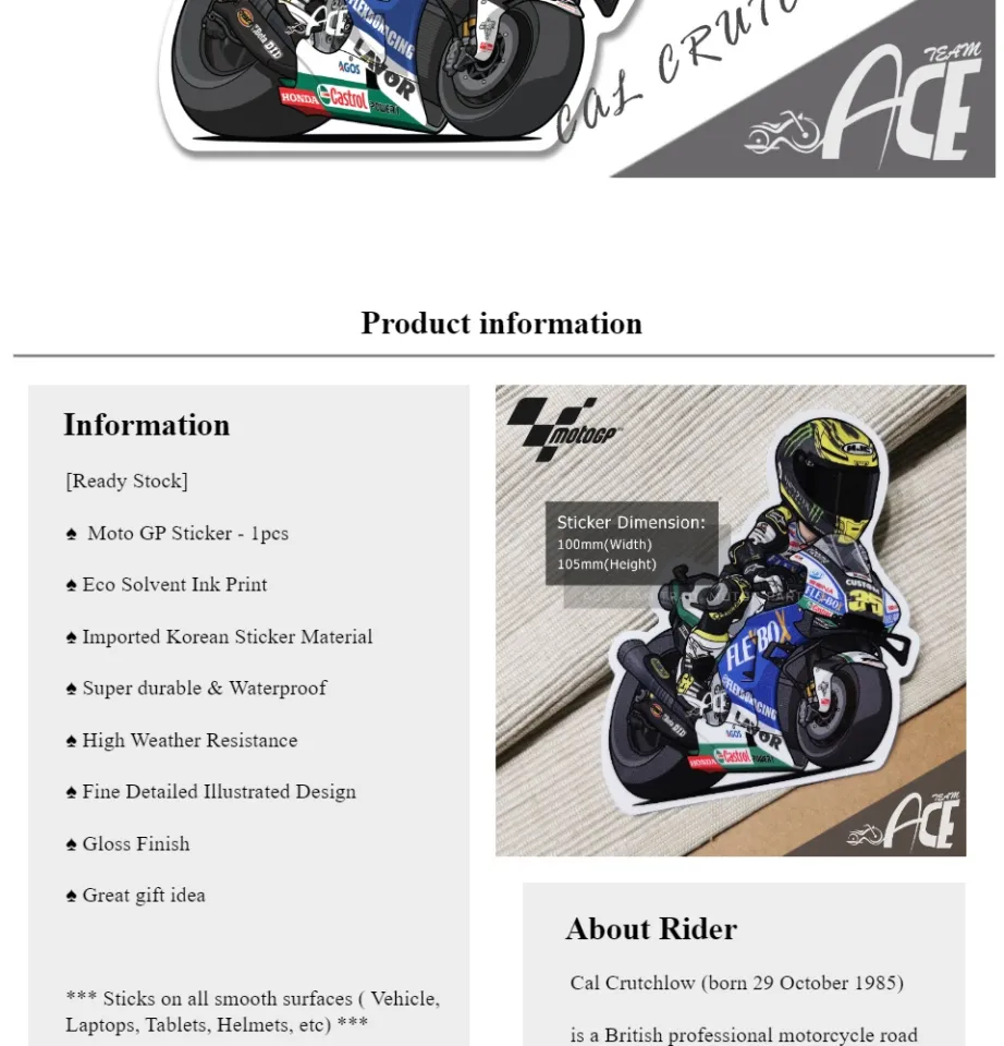 Cal Crutchlow MotoGP Wall Art Decal – 2016 Brno GP – Glossy Vinyl, Universal Adhesive Graphic