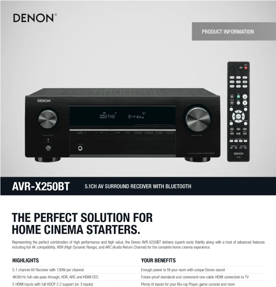 Denon AVR-X250BT 5.1 Ch. 4K Ultra HD AV Receiver with Bluetooth + Free Gift  | Lazada