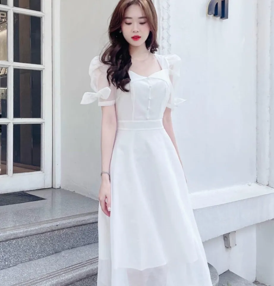 Váy trắng tiểu thư thiết kế dáng xòe
