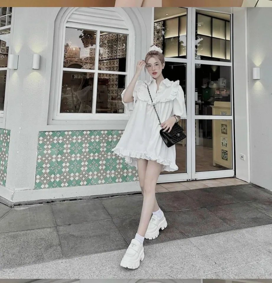 Váy babydoll trắng cổ bèo ba màu trắng , nâu , kem bánh bèo chất thô quảng  châu đẹp by YANSOO - Đầm, váy nữ | ThờiTrangNữ.vn
