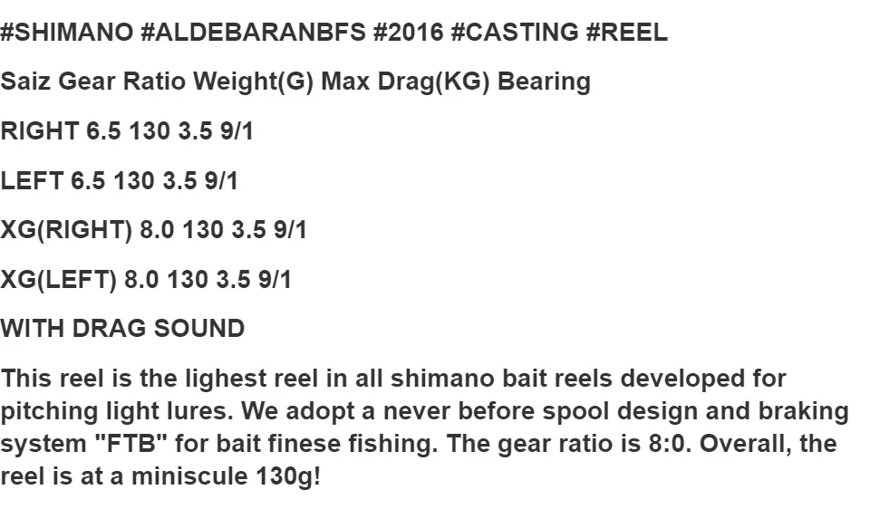Shimano Baitcasting Reel 16 ALDEBARAN BFS XG Right Gear Ratio 8.0:1 IN