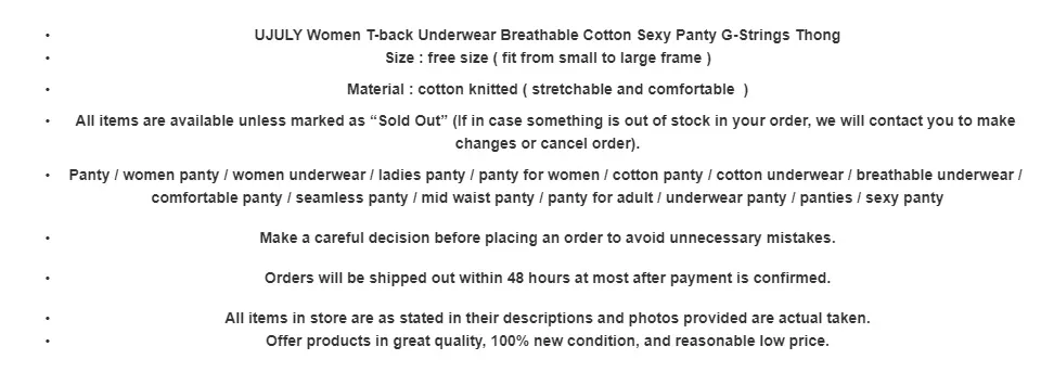 UJULY Women T-back Underwear Breathable Cotton Sexy Panty G