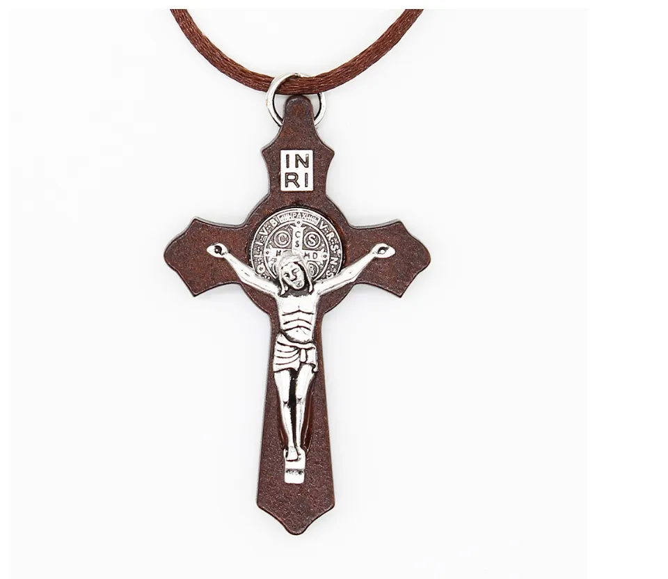 Wood crucifix pendant with adjustable leather rope