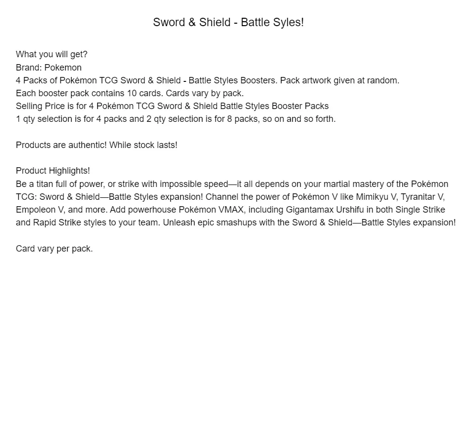 4 Packs Pokmon TCG SWSH Battle Styles Booster Pack | Lazada Singapore