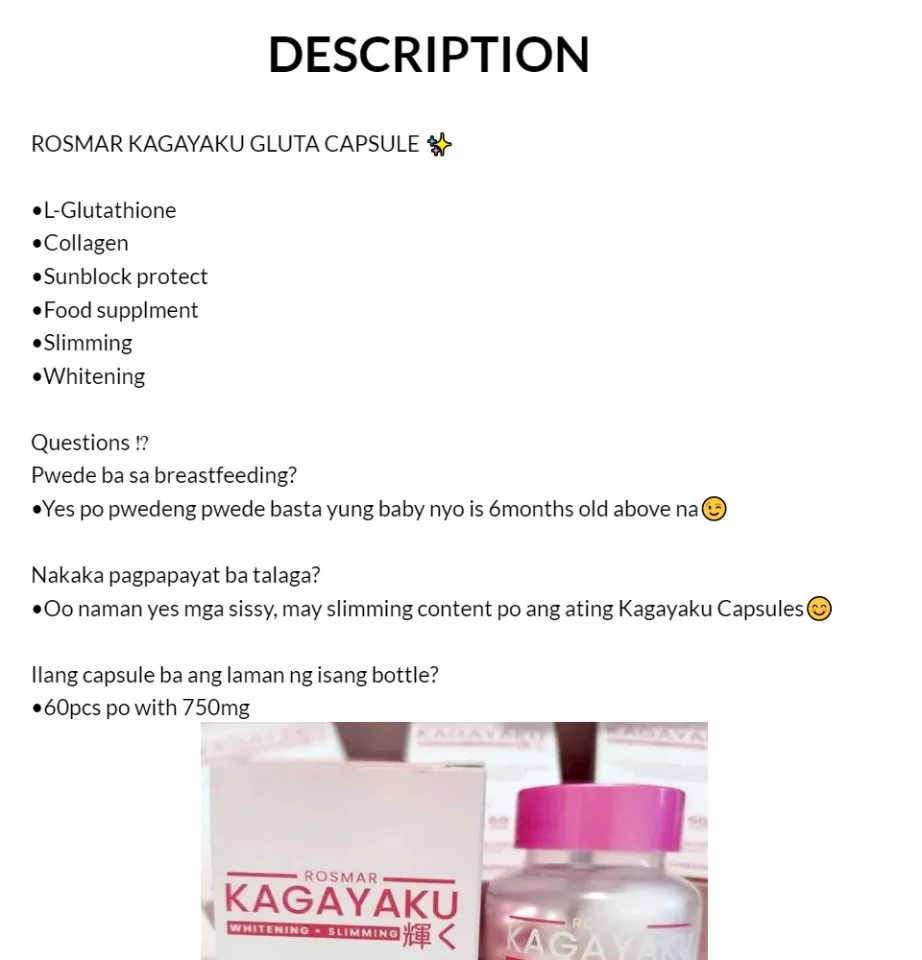Rosmar Kagayaku Brand GLUTATHIONE MARINE COLLAGEN VITAMIN C AND ZINC WITH  HERBAL EXTRACTS FOOD SUPPLEMENT CAPSULE 60 Capsules Skin Essentials -  Lazada