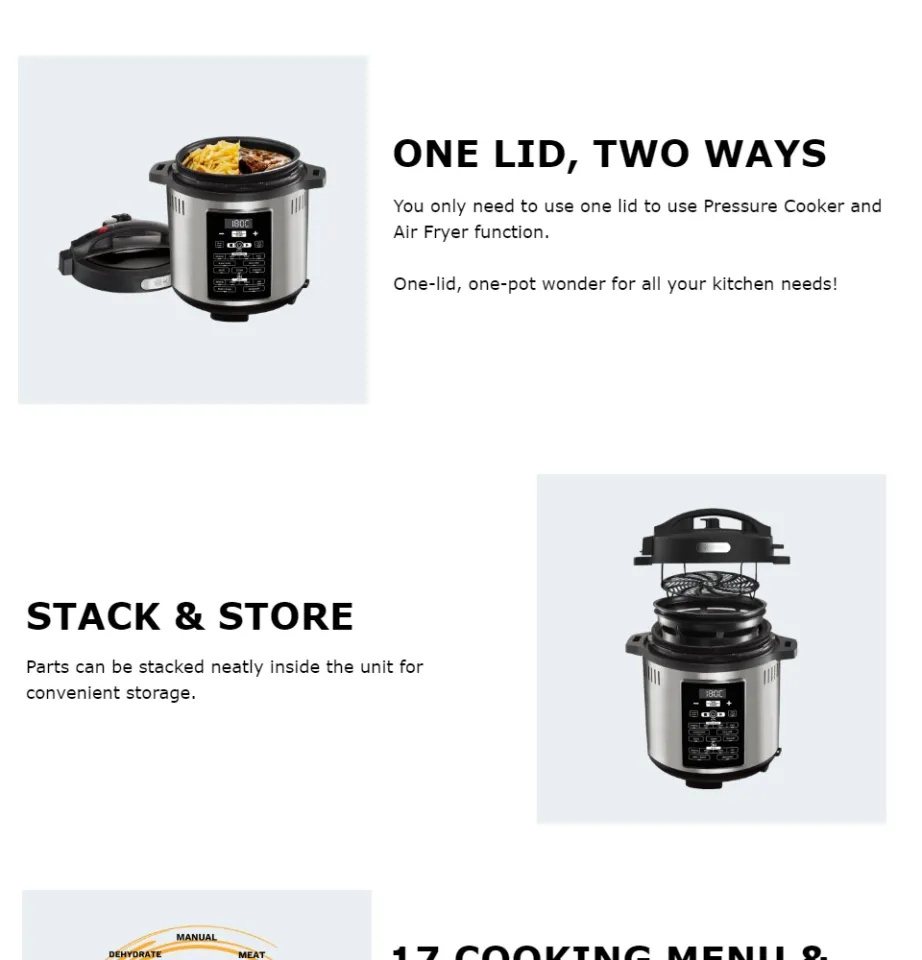 KITH Multifunctional Pressure Cooker with Air Fryer One Lid Only 17 Smart Cooking Menu Stack Stock Recipe Book Cooking Chart MPA B6L BK