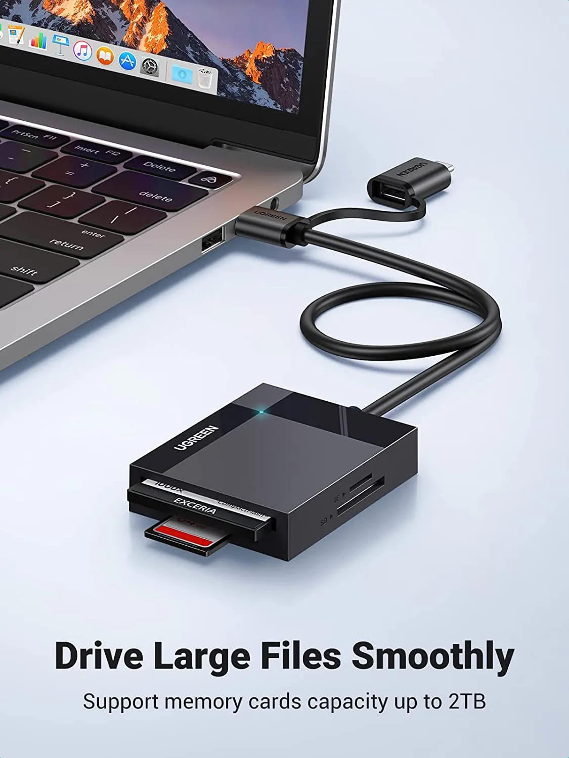 Ugreen USB-C SD/TF Card Reader 4-in-1 2 2-in-1 USB Design: Featured with USB-C/USB 3.0 ports, UGREEN SD Card Reader provides a more efficient access to laptops, tablets and phones by USB-A or USB-C(Thunderbolt 3/4) slot 4 Cards Work Simultaneously: Equipped with 4 card slots, the UGREEN Memory Card Reader Adapter is suitable for SD, Micro SD(TF), MS, CF memory cards up to 2TB capacity, which also supports read and write 4 cards at the same time
