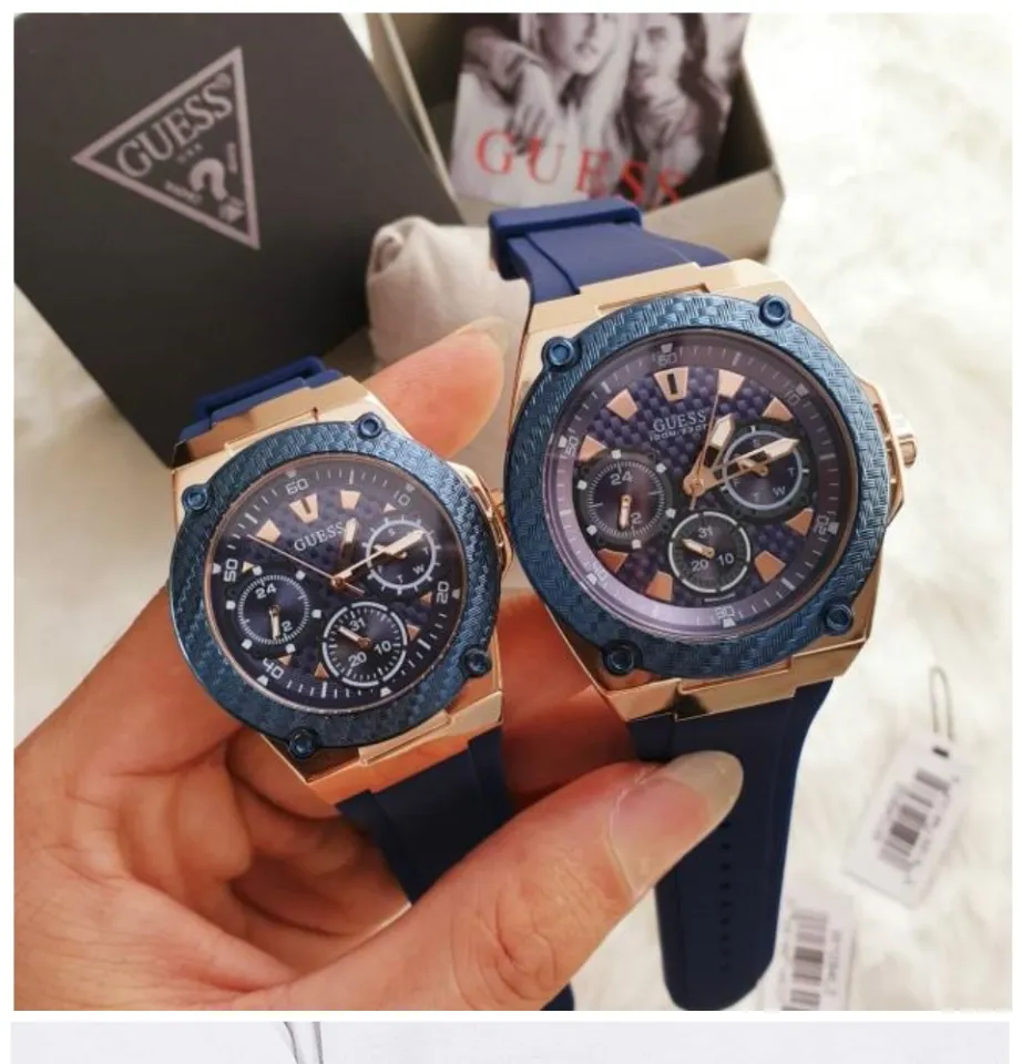 Authentic Guess Men Legacy Blue Dial Silicon Watch W1049G2 Jam