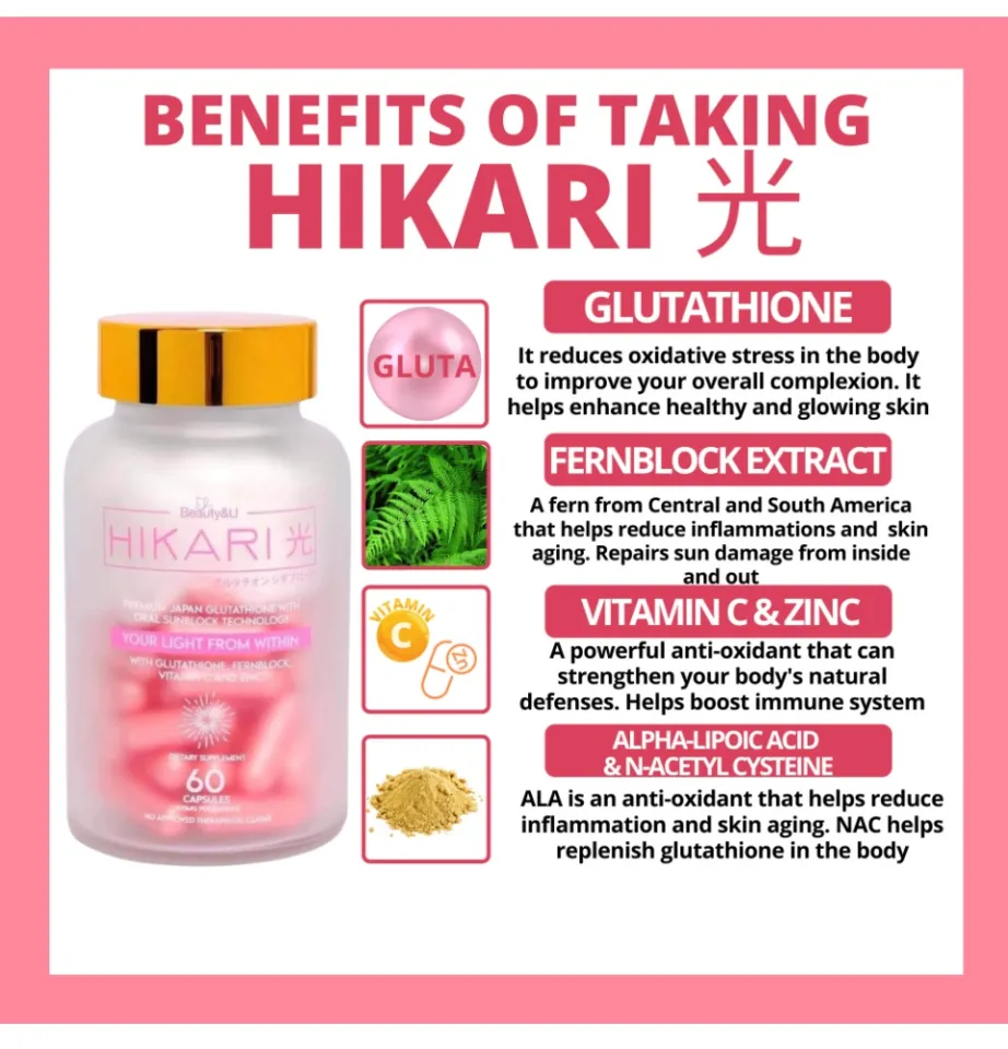 Glam Essentials [CERTIFIED AUTHENTIC] [VERY EFFECTIVE] Hikari Gluta Japan - 60 Capsules (Glutathione, Collagen, Vitamin C, Vitamin E, etc) Skin Whitening Capsule [60 CAPS]