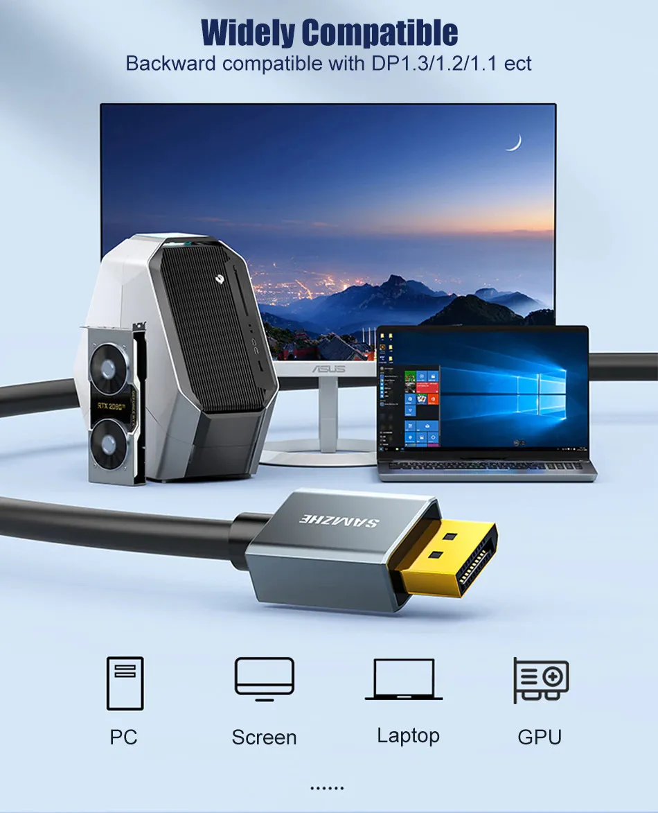 Samzhe DisplayPort 1.4 Cable 8K@60Hz HDR 6 <div>Superior Vision with DisplayPort 1.4</div> <div data-spm-anchor-id="a2o42.pdp_revamp.product_detail.i2.33b82bb7HexQgU">DisplayPort 1.4 can transmit up to 32.4Gbs bandwidth, which allows a higher resolution of 8K at 60Hz with 10-bit color HDR or 4K at 144Hz to be viewed. Coming with VESA’s DSC version 1.2 technology enables up to 3:1 compression ratio to be visually lossless. Its Multi-Stream Transport (MST) capability enables high-resolution support of multiple monitors on a single display interface.</div>