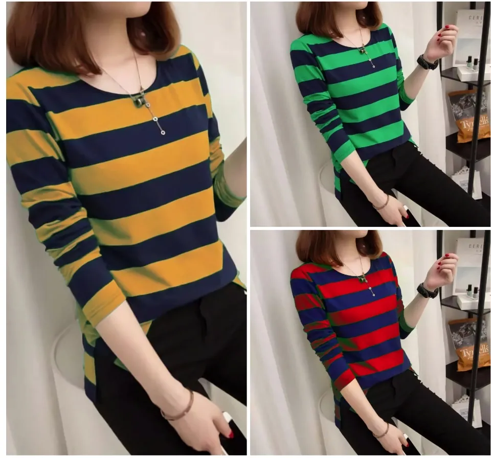 JayaShop Kaos Wanita Salur Alexa Lengan Panjang Kaos Salur