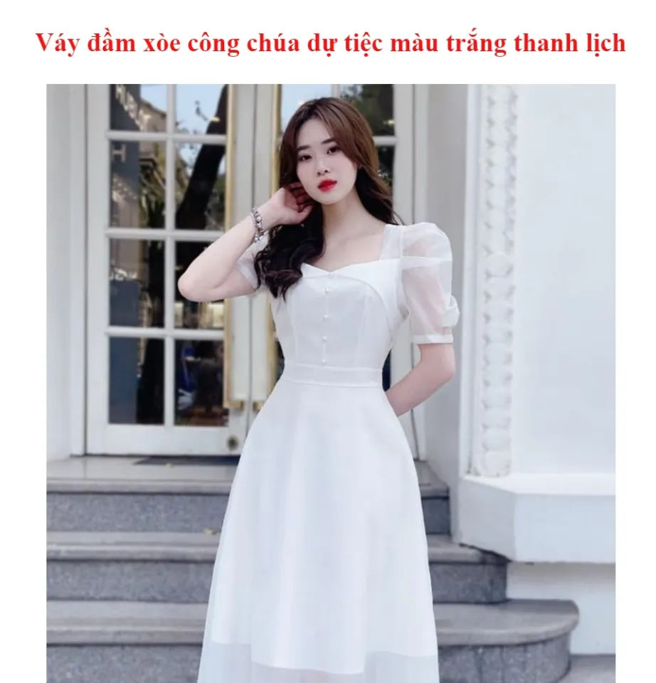 Đầm váy trắng đi tiệc tiểu thư dễ thương thiết kế dáng xòe cổ đổ tùng lưới  - De La Rosa - Đầm, váy nữ | ThờiTrangNữ.vn