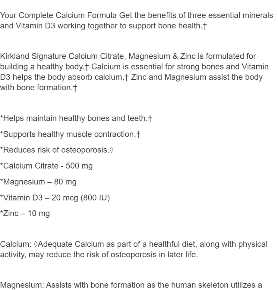 KIRKLAND Signature / Calcium Citrate Magnesium and Zinc / 500 Tablets /  IMPORTED FROM USA!