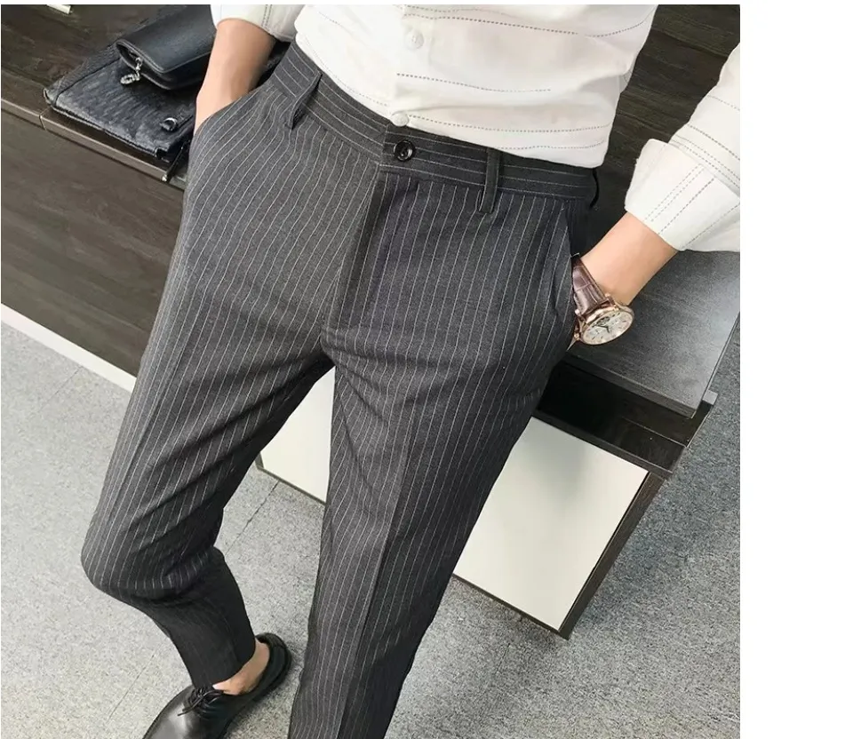 British Style Men Suit Pants Fashion 2023 Spring Summer Business Striped  Pants Men Slim Fit Ankle Length Office Trousers Men 36 (Dark Grey, 36  80-82.5KG) : Amazon.ae: Fashion