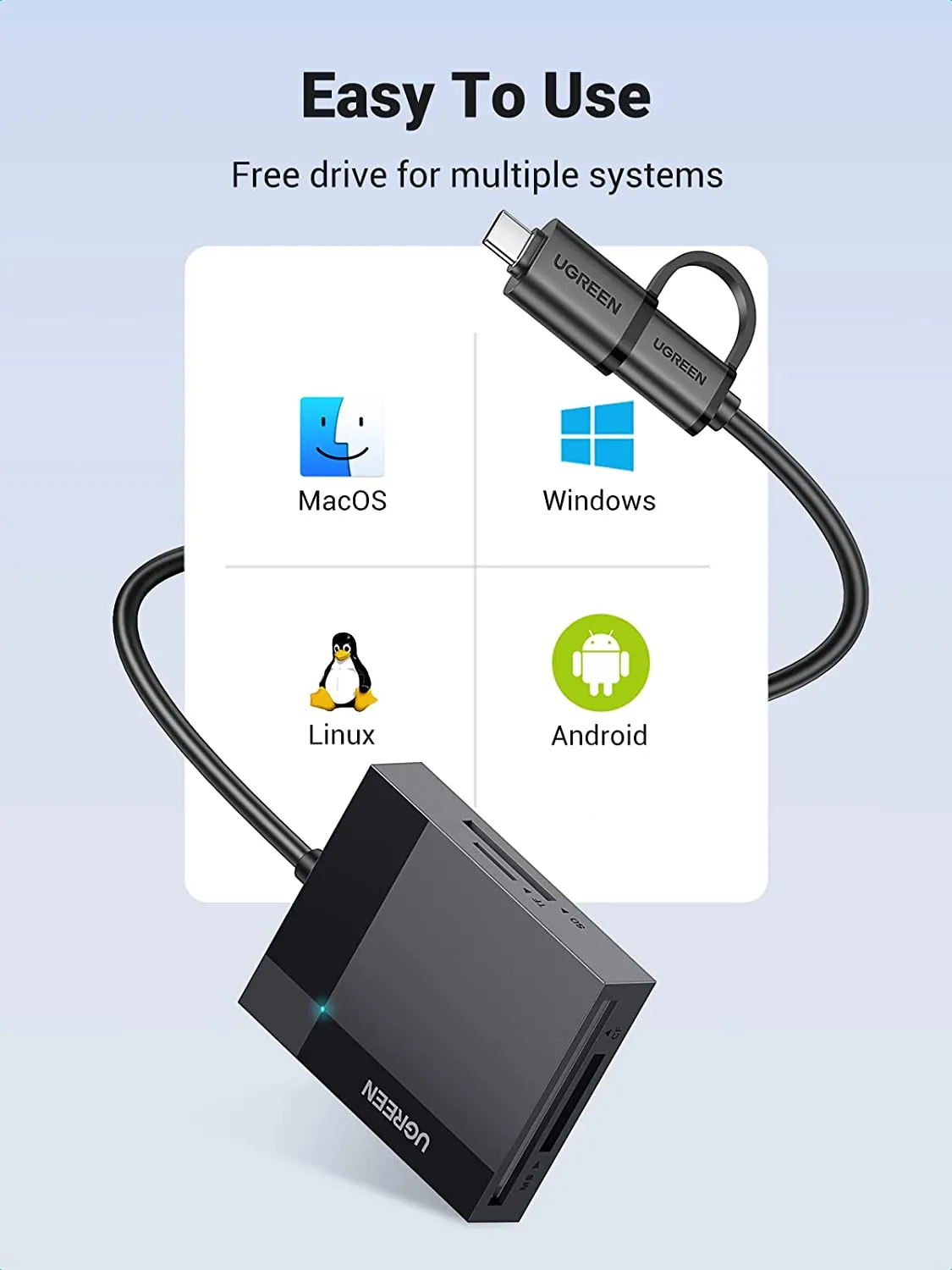 Ugreen USB-C SD/TF Card Reader 4-in-1 4 2-in-1 USB Design: Featured with USB-C/USB 3.0 ports, UGREEN SD Card Reader provides a more efficient access to laptops, tablets and phones by USB-A or USB-C(Thunderbolt 3/4) slot 4 Cards Work Simultaneously: Equipped with 4 card slots, the UGREEN Memory Card Reader Adapter is suitable for SD, Micro SD(TF), MS, CF memory cards up to 2TB capacity, which also supports read and write 4 cards at the same time