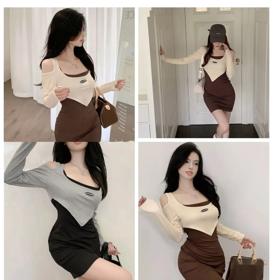 K.Store korean set 2in1 Long Sleeve sexy style casual cotton plain a-line  above knee Strapless dress LJD