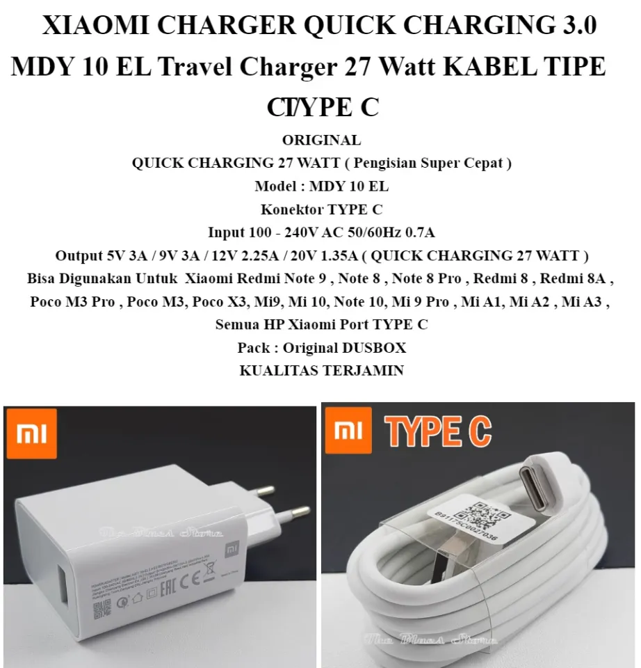 Fast Charging Mi Redmi Charger Xiaomi Charger MDY-10-EL 27 Watt Type C Fast  Charger For Xiaomi Redmi Note Note Note Pro Redmi Redmi 8A Poco M3 Pro