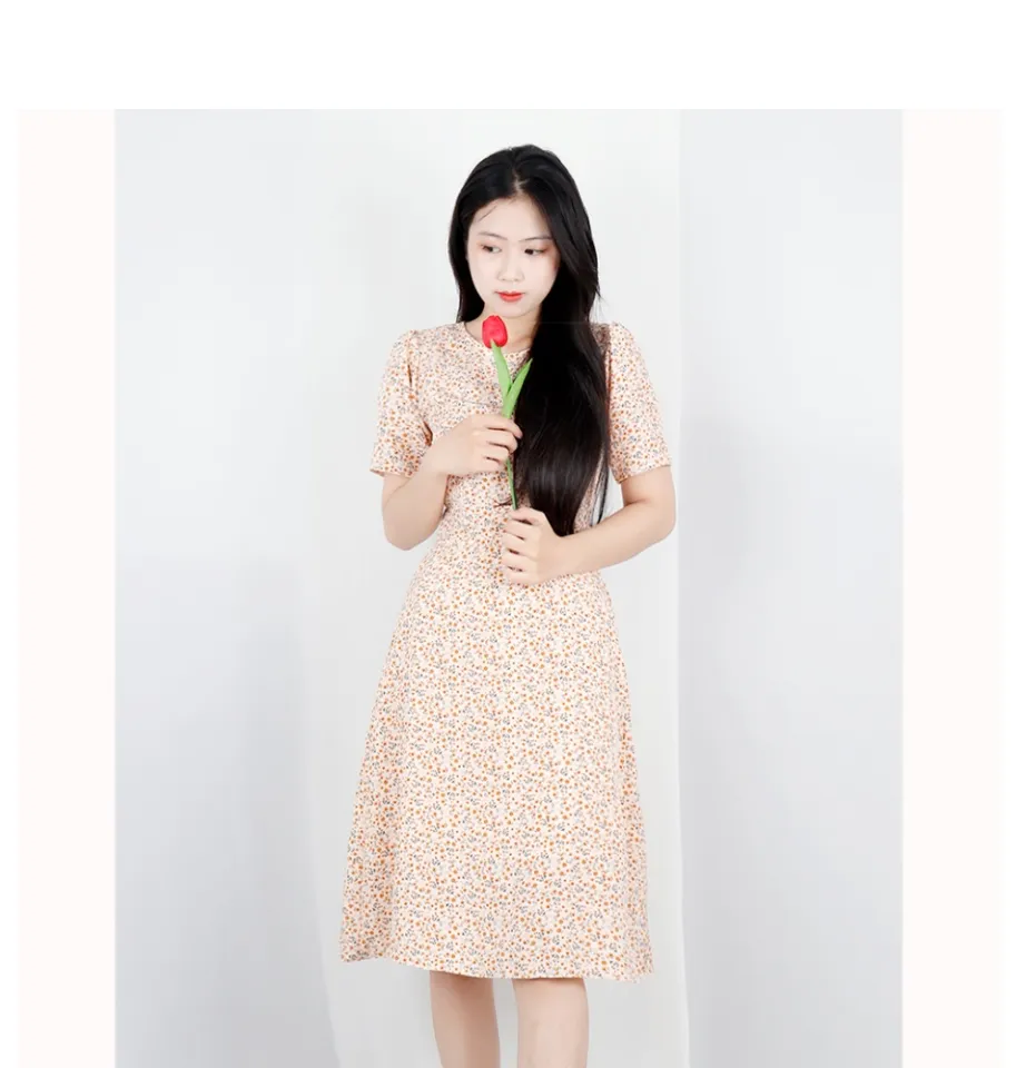 D261 : Đầm voan hoa Hàn Quốc dài tay phồng eo chun xinh đẹp - yishop.com.vn