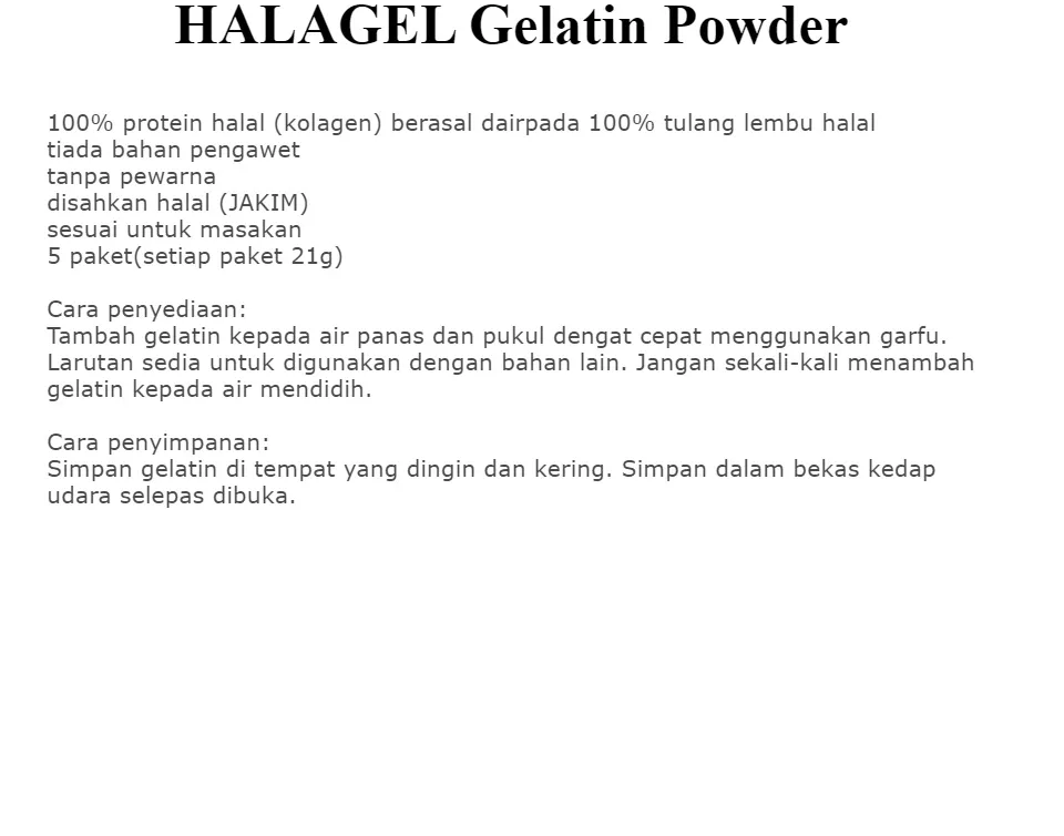 Halal Gelatin ~Unflavoured~, 21gm X 5 Sachets Gelatine Halagel Malaysia