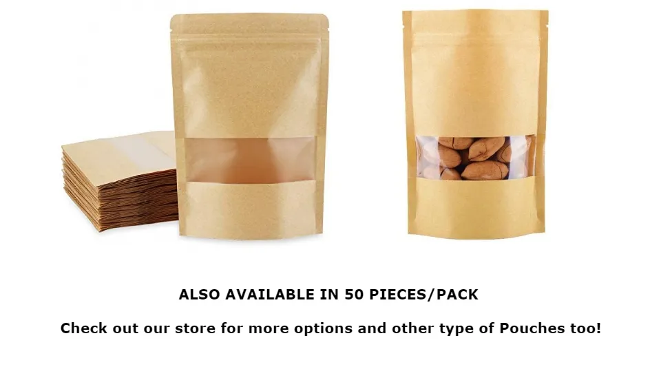 100pcs/50pcs Kraft Paper Bag With Window(size Optional),resealable Stand Up  Pouch, Brown Paper Bags, Wholesale Food Packaging,waterproof And Moisture