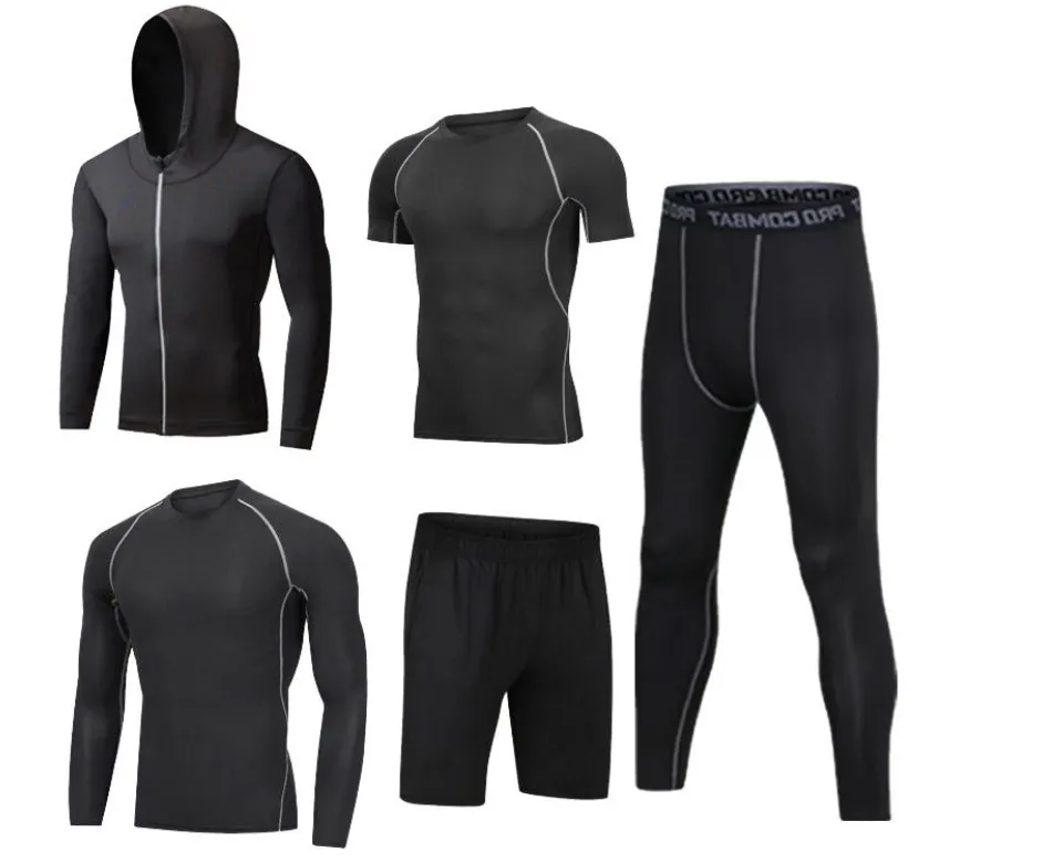 Men Gym Clothes 5 pcs/sets Fitness Wear Quick Dry Running Training Shirts  Pants Sports Suits Men Sport Wear Set