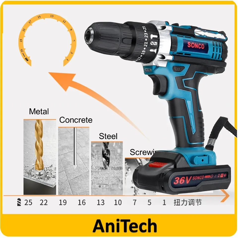 SONCO 36V Cordless Hammer Drill Impact Drill Driver Drill Screwdriver  Mode Speed Buka Pasang Skrew Battery Cordless Drill 36V Screwdriver Drill 