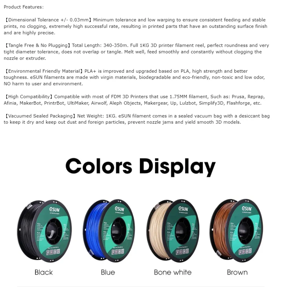 eSUN PLA+ Filament 1.75mm PLA Plus 1KG Spool for Creality 3D Printer –  Makerlab Electronics