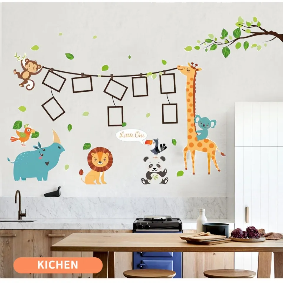 Jungle Animals Tree Wall Stickers Monkey Giraffe Lion Rhinoceros Panda  Woodpecker Koala Wall Decals Kid Photo Frame Wallpaper Wall Art Mural  Sticker