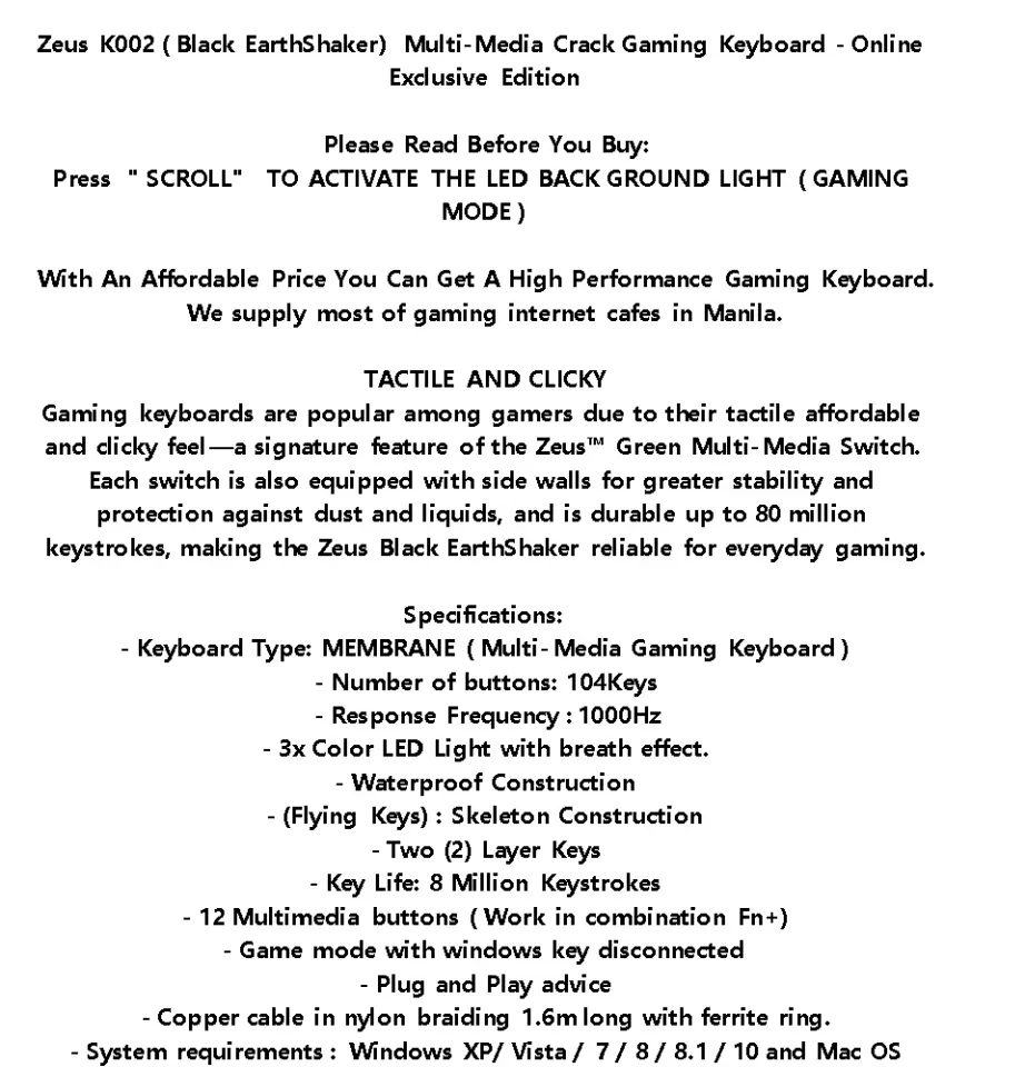 Zeus K002 ( Black EarthShaker）Multi-Media Gaming Keyboard - Online  Exclusive Edition CD K002 | Lazada PH