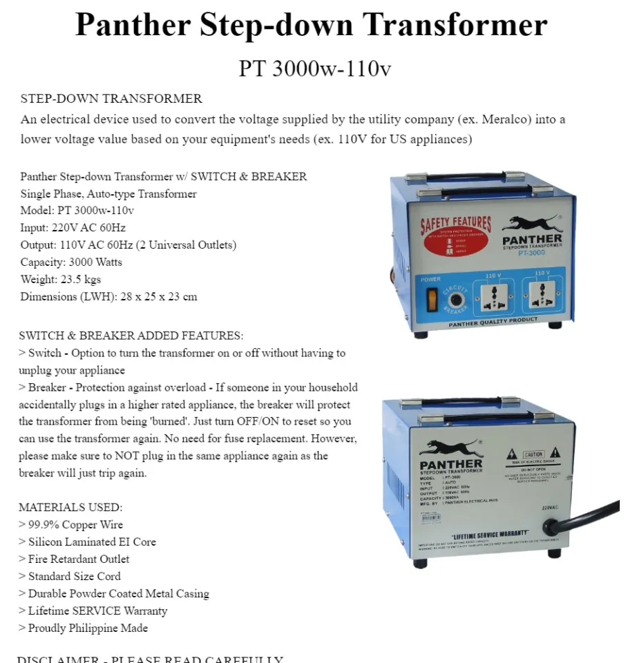 125W-110V: Panther Step Down Transformer 125W, Output 110V - Extension Cord,  Transformer, AVR Supplier: Panther Products Philippines