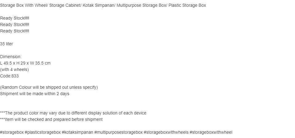 80 liter Storage Box With Wheel/ Storage Cabinet/ Kotak Simpanan