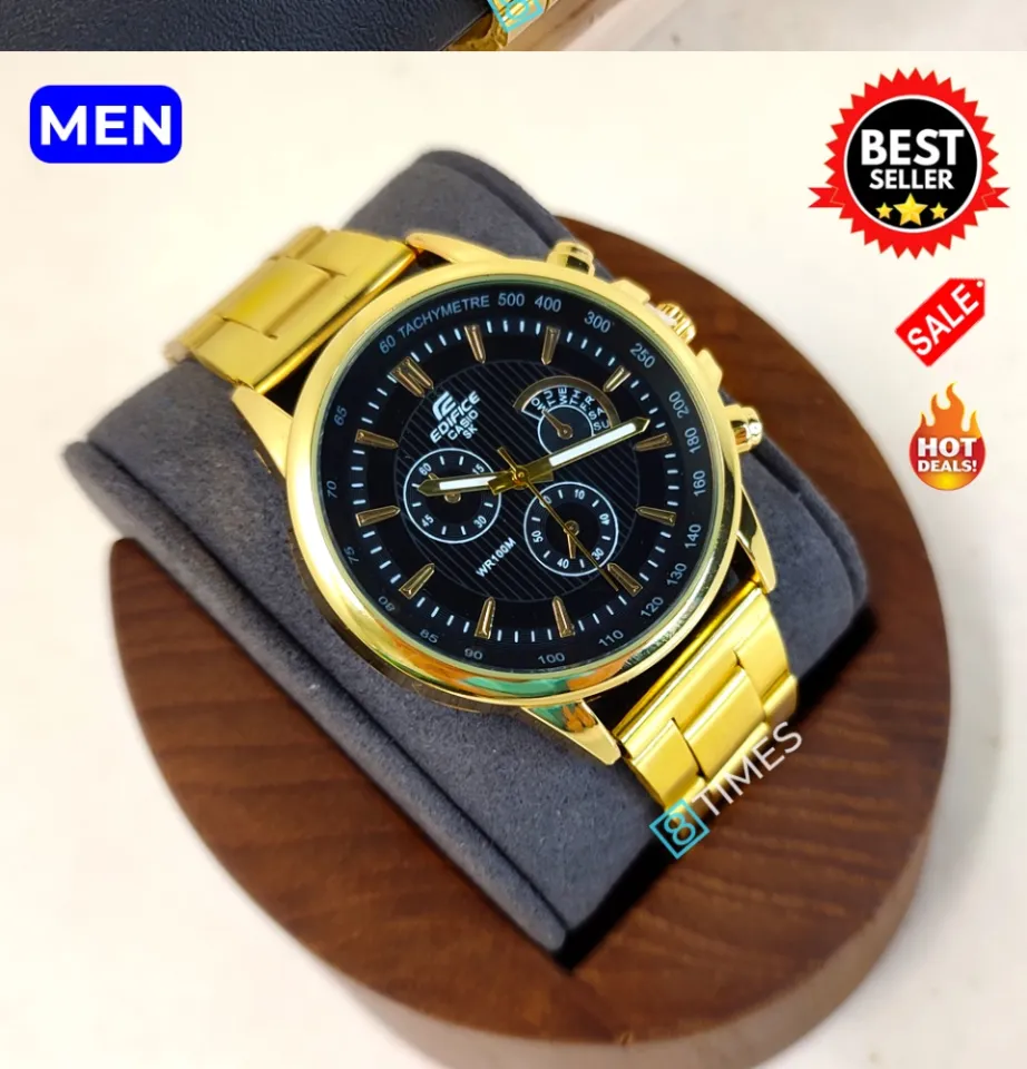 TA Casio GOLD BLACK Dial Quartz Chronograph Stainless Steel Watch for MEN Free Box Lazada PH