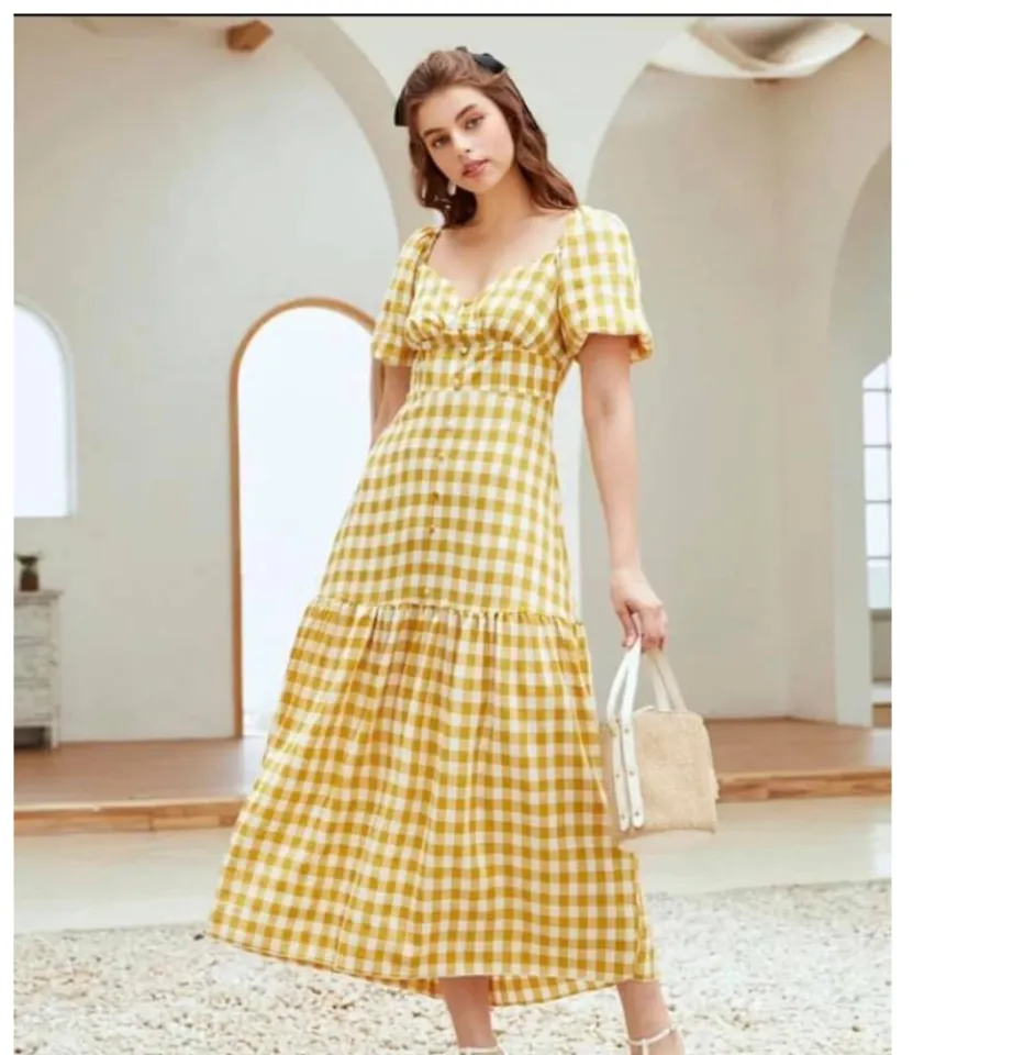 L.D Only European Yellow Checkered Maxi Dress 9935 Lazada PH