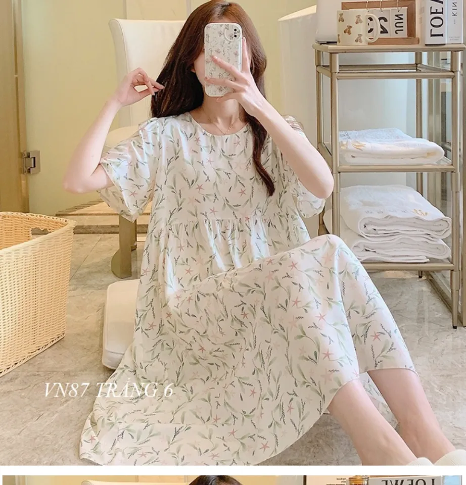 Váy đầm ngủ ngắn tay mặc hàng ngày vải Cotton lụa thoáng mát, váy lanh mặc  bầu, áo ngủ nữ dáng suông bigsize mã VAV0494 | Shopee Việt Nam