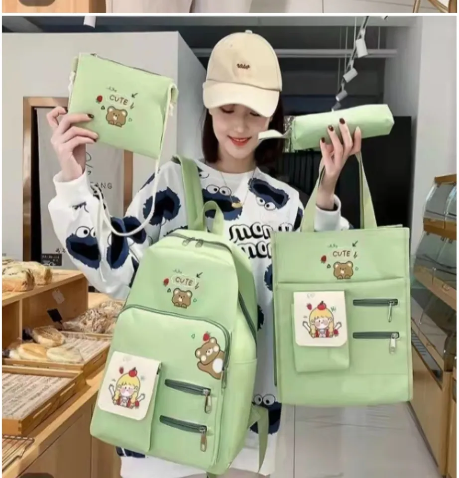 Set Of 4 Kawaii Canvas Backpacks For Women & Teens | School Bag Combo With Lunch Bag & Pencil Case