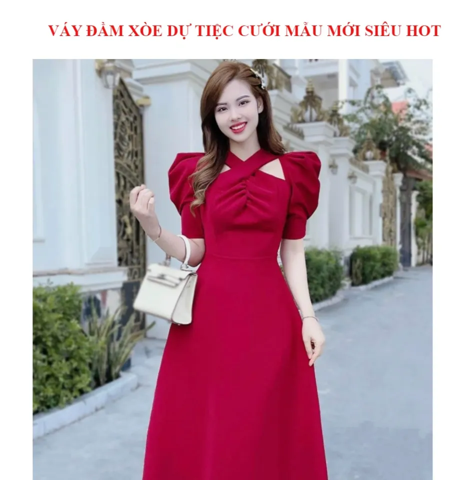 Outlet | Đầm xòe nhung chữ A cổ vuông tay bồng Red Velvet | My Way Fashion  || Thời trang thiết kế cao cấp