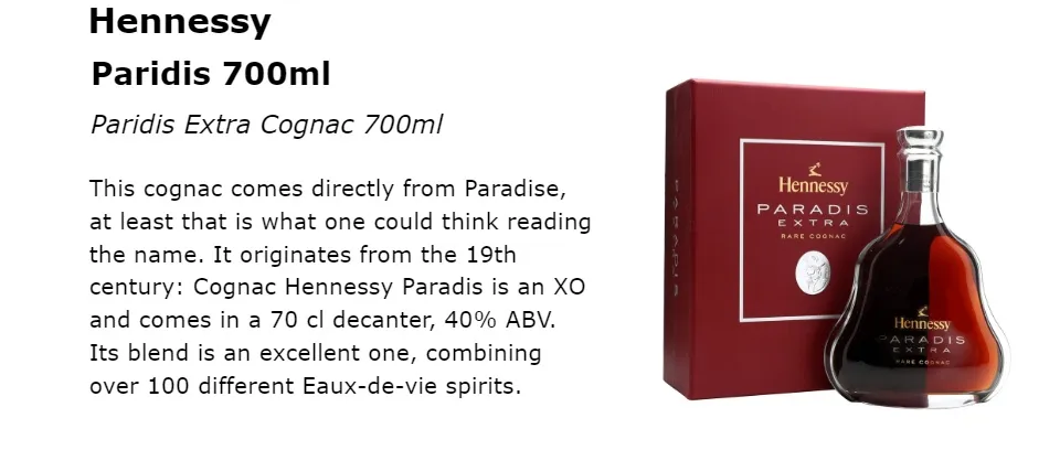 Hennessy Paradis Extra Cognac 700ml Alcohol 40% X.O. Cognac