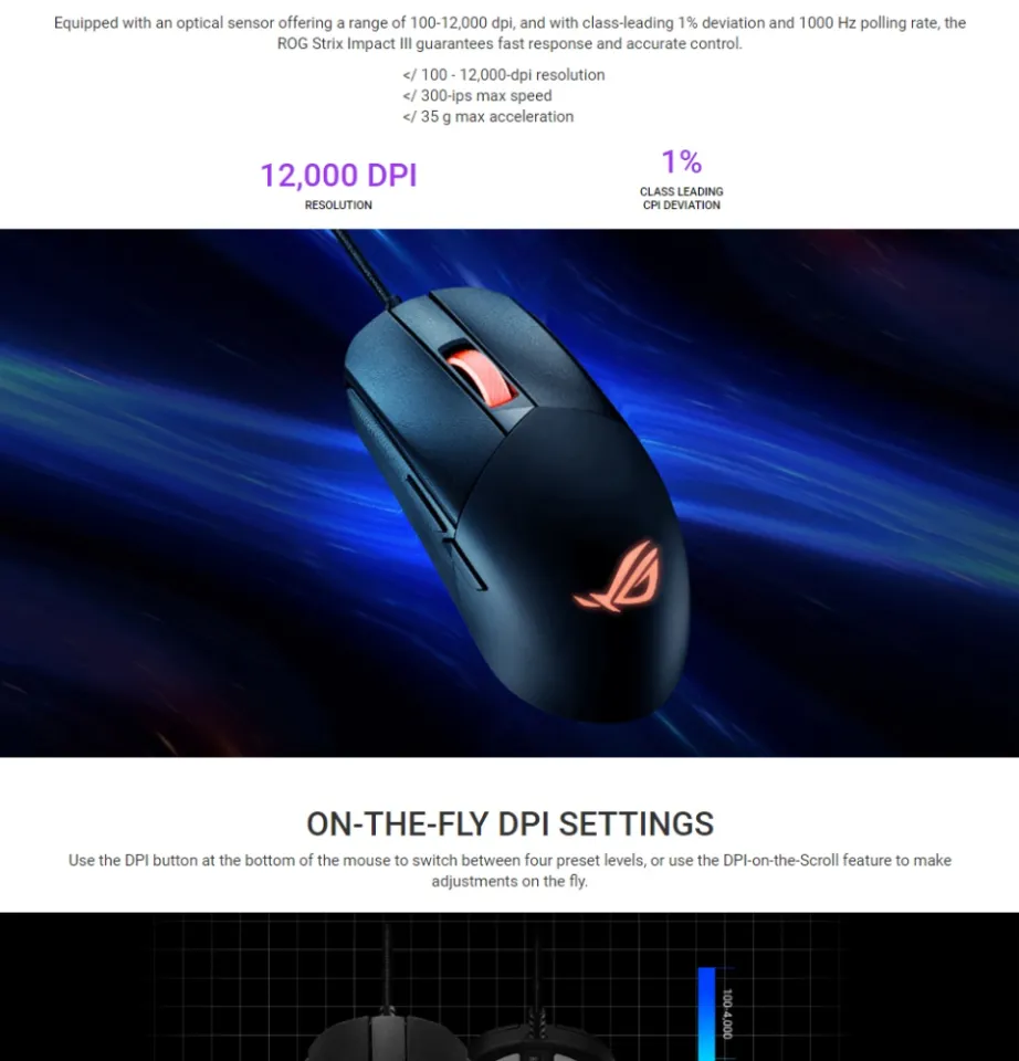 Asus ROG Strix Impact III Gaming Mouse, Semi-Ambidextrous, Wired